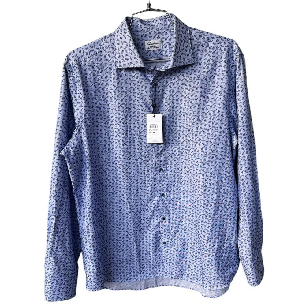 Stenstroms Blue Fitted Body Cotton Giraffe Safari Button Down Shirt NWT 44